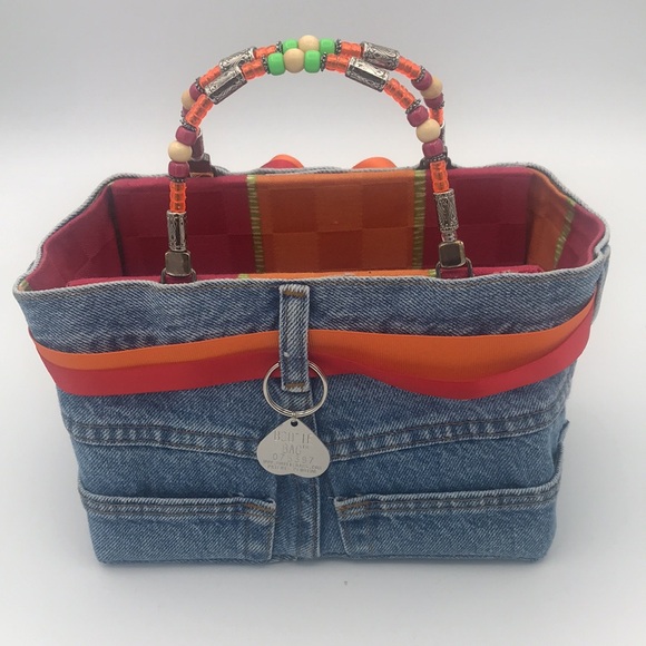Original Denim Jean BOOTIE BAG Handbag w/Beaded Handles & Ribbons #075397 - Picture 2 of 10